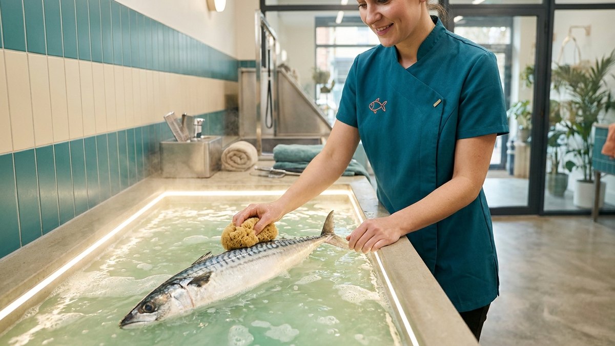 A groomer giving a mackerel a special algae bath