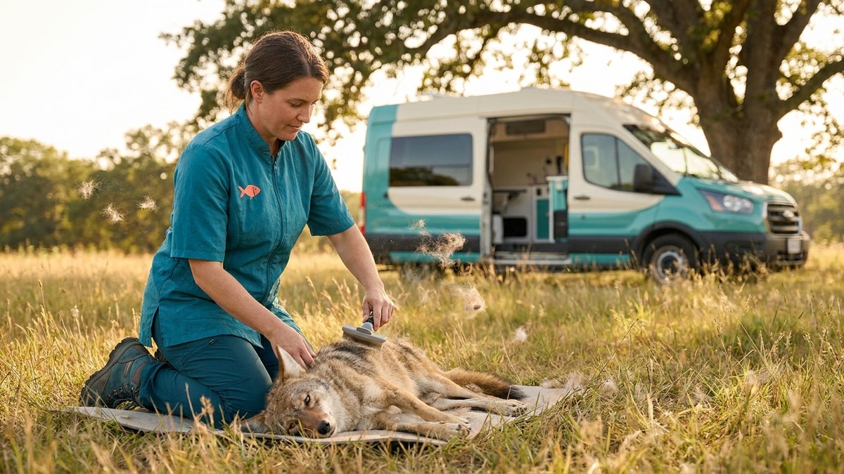A coyote being de-shedded on-site beside the mobile grooming van