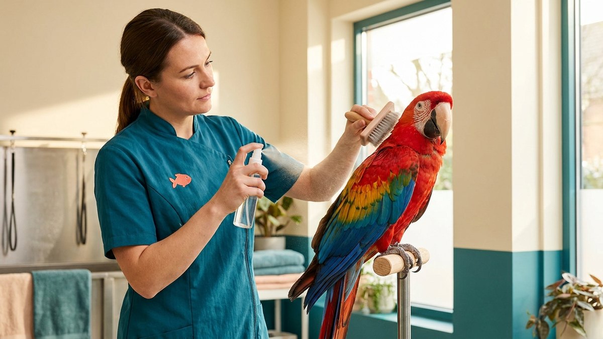 A parrot having its feathers preened and misted