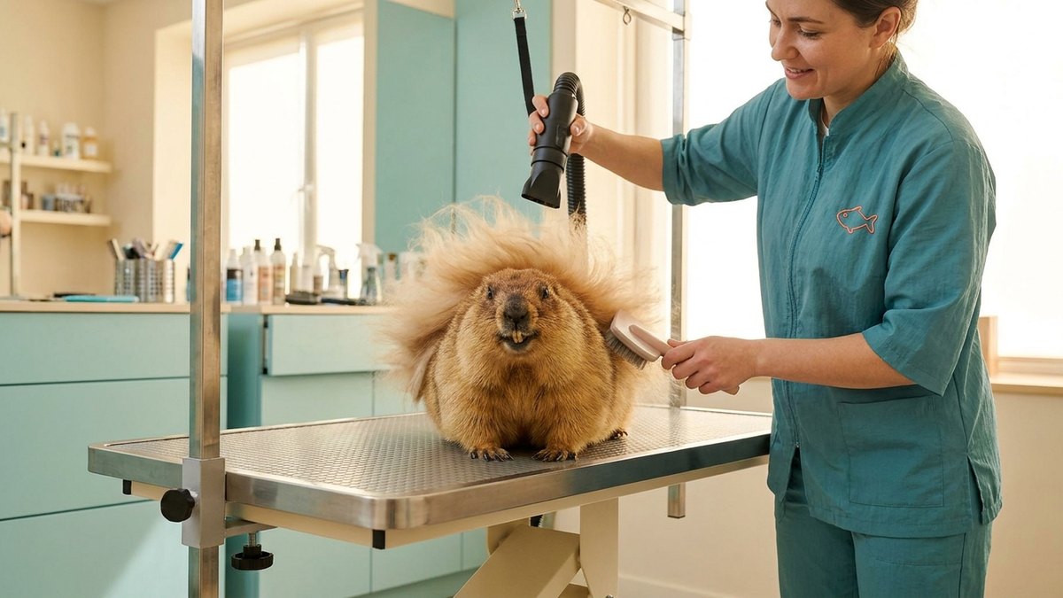 A marmot being fluffed and blow-dried by a groomer