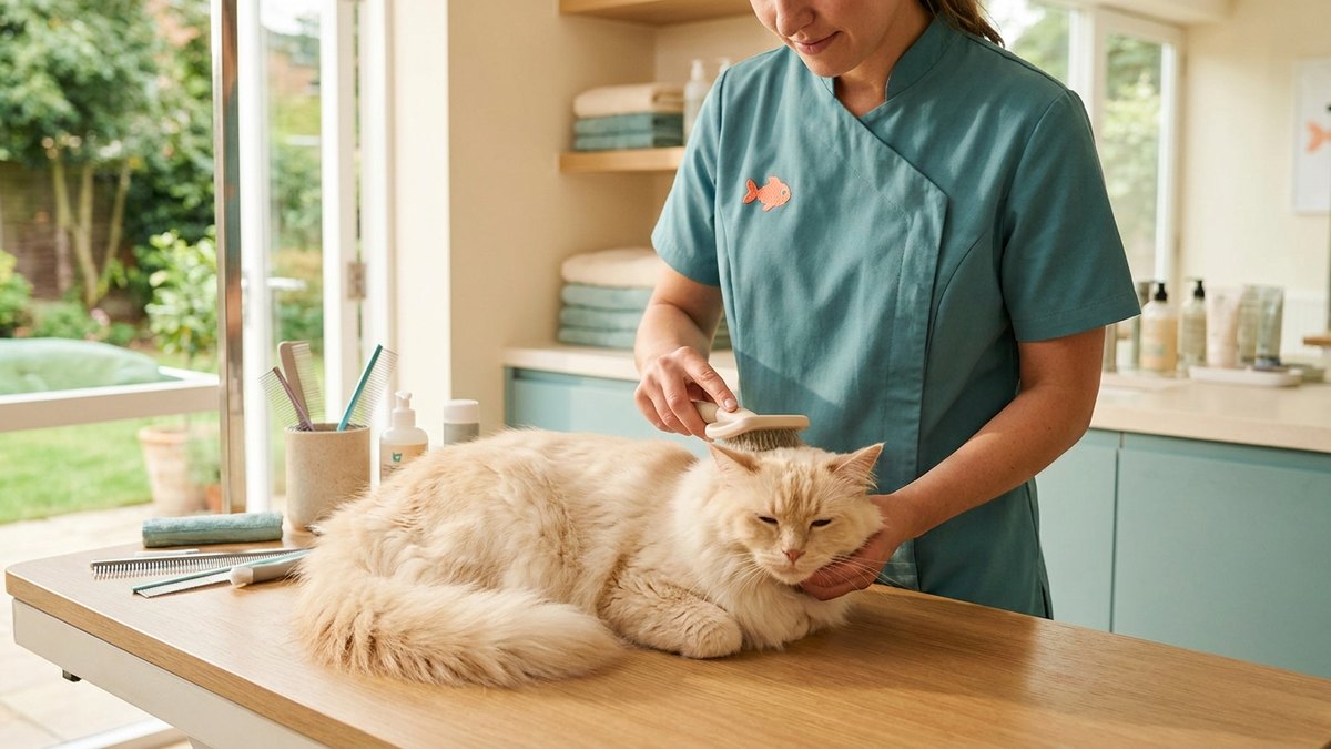 A cat being gently groomed