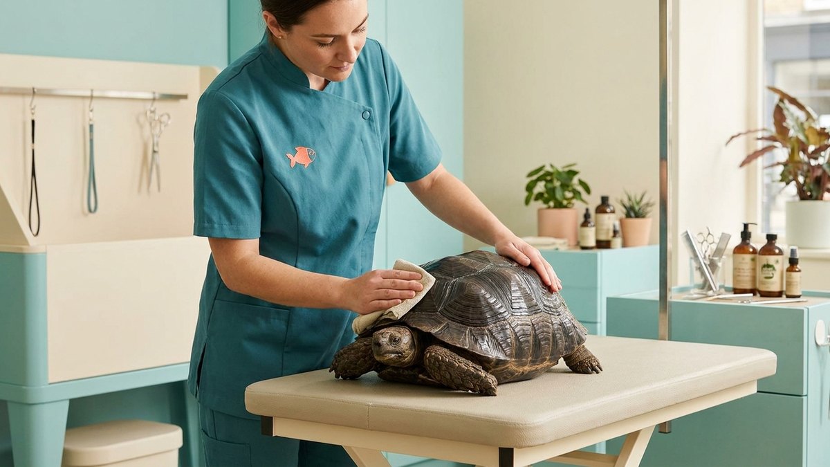 A tortoise having its shell buffed and polished
